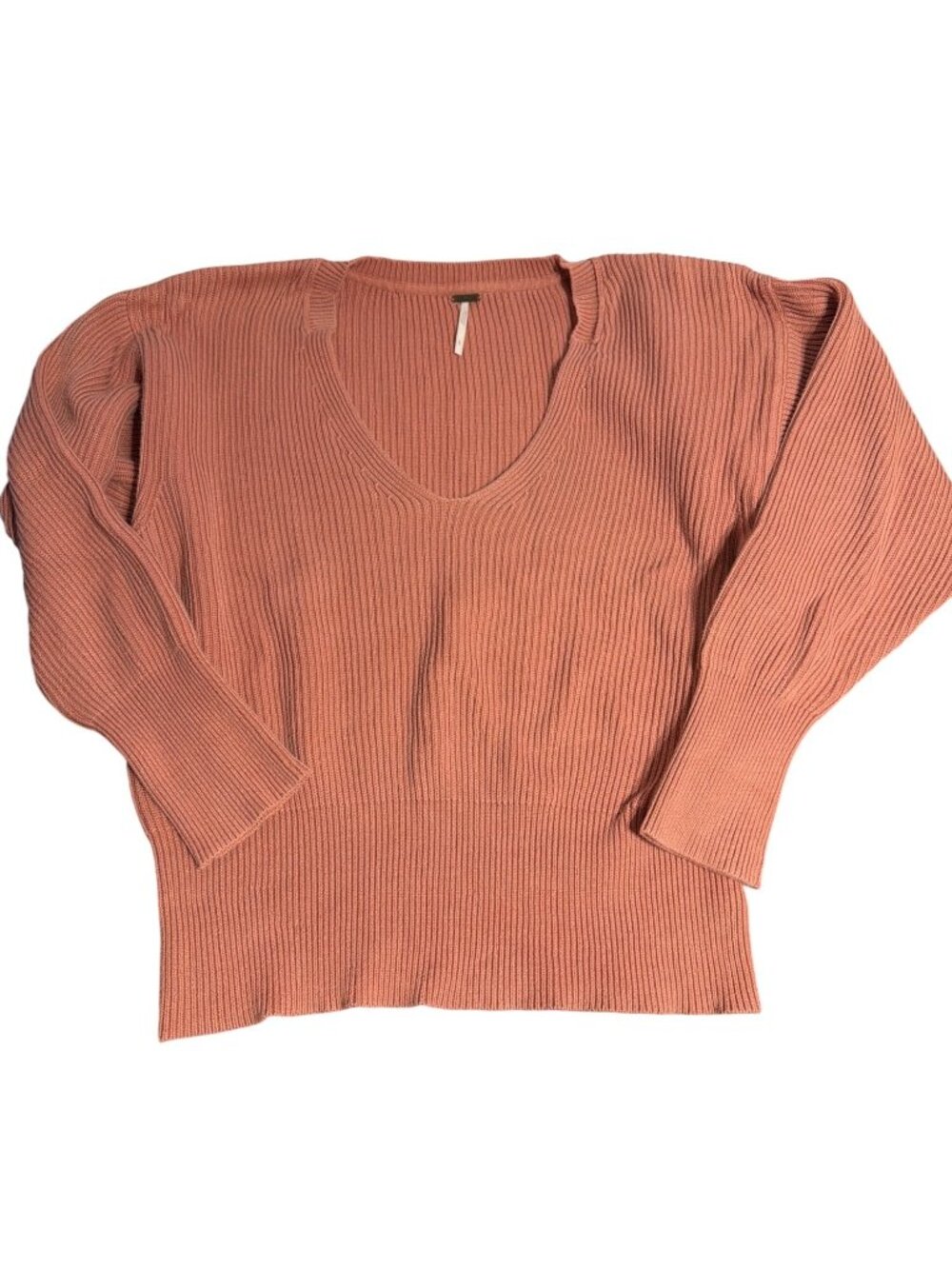 Free People Allure Plunge V Neck Sweater Ribbed Pink Cinch Waist Sleeves Sz L